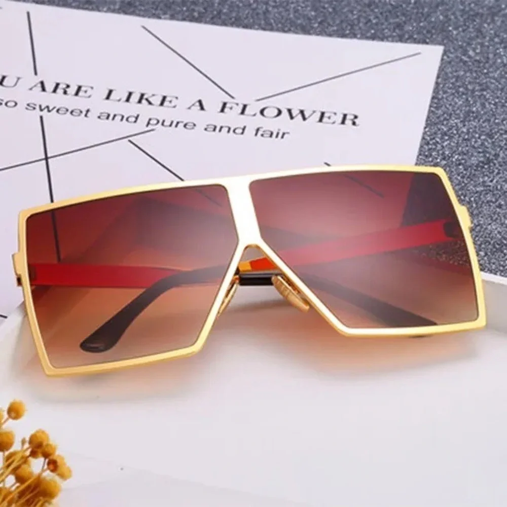 Oversized Square Sunglasses‎ Men Gold Frame Gradient Brown Lenses Fashion Shades